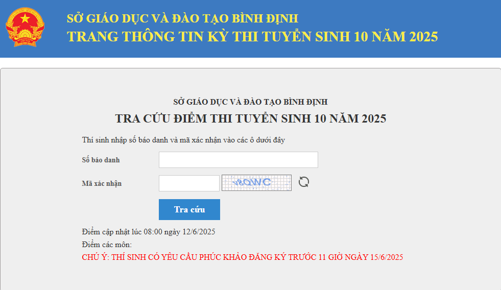 Link tra cứu điểm thi vào lớp 10 tỉnh Bình Định năm học 2025-2026