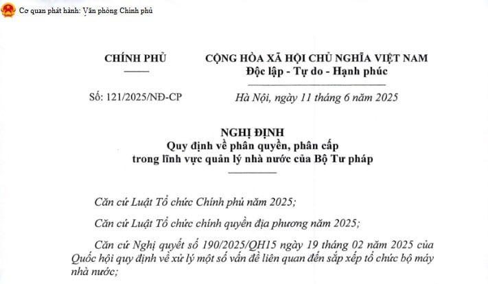 Đã có Nghị định 121/2025/NĐ-CP quy định về phân quyền, phân cấp trong lĩnh vực quản lý nhà nước của Bộ Tư pháp