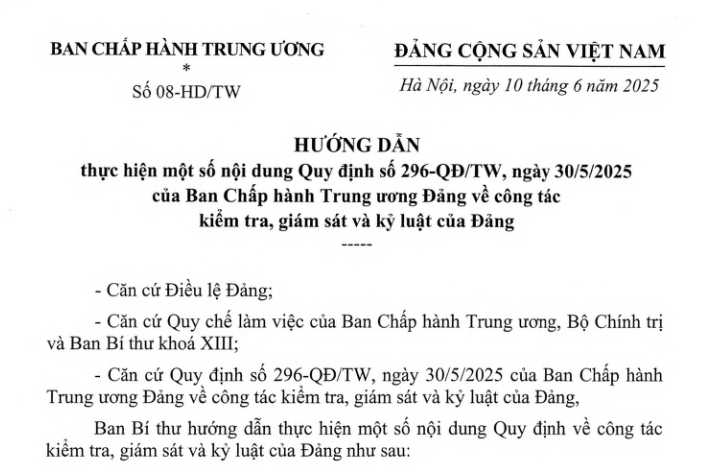 Đã có Hướng dẫn 08-HD/TW thực hiện Quy định 296 về công tác kiểm tra giám sát và kỷ luật Đảng