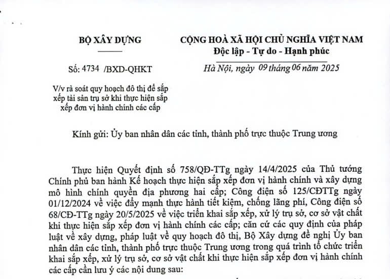 Công văn 4734/BXD-QHKT: Rà soát quy hoạch đô thị để sắp xếp tài sản trụ sở khi sắp xếp đơn vị hành chính các cấp
