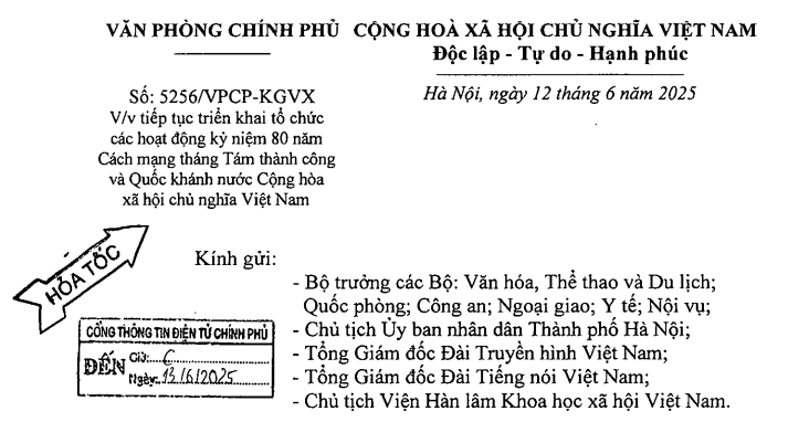Công văn 5256: Chỉ đạo mới nhất về tổ chức diễu binh kỷ niệm 80 năm Quốc khánh 
