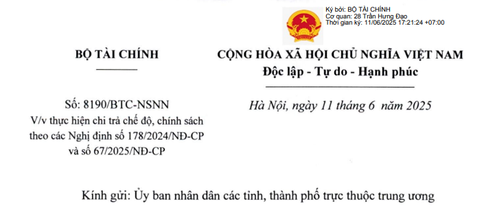 Toàn văn Công văn 8190/BTC-NSNN chi trả chế độ chính sách theo Nghị định 178/2024 và 67/2025