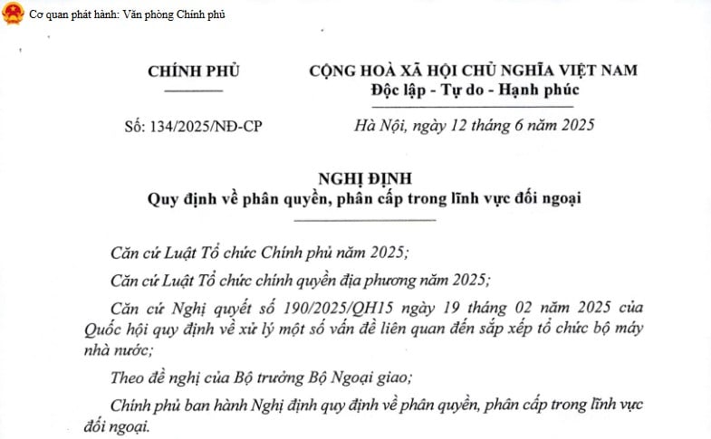 Đã có Nghị định 134/2025/NĐ-CP về phân quyền, phân cấp trong lĩnh vực đối ngoại