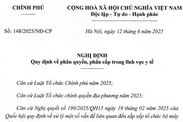 Đã có Nghị định 148/2025/NĐ-CP về phân quyền, phân cấp trong lĩnh vực y tế