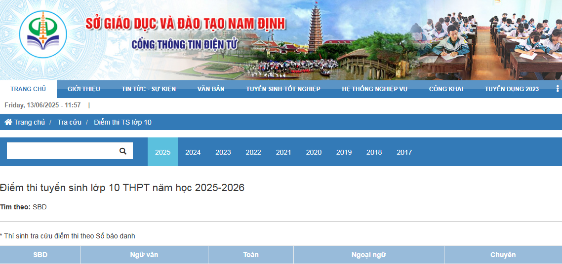 Link tra cứu điểm thi vào lớp 10 tỉnh Nam Định năm học 2025-2026