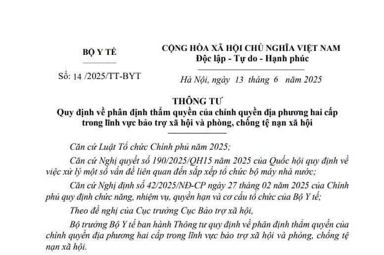 Đã có Thông tư 14/2025/TT-BYT về phân định thẩm quyền của chính quyền địa phương hai cấp trong bảo trợ xã hội
