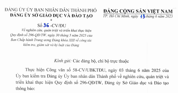 Công văn 36-CV/ĐU: Hướng dẫn quán triệt Quy định 296-QĐ/TW về kỷ luật Đảng