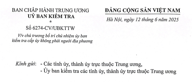 Công văn 6274 hướng dẫn bố trí chủ nhiệm ủy ban kiểm tra cấp ủy không phải người địa phương