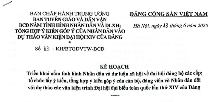 Đã có Kế hoạch 83-KH/BTGDVTW-BCĐ nắm tình hình Nhân dân, dư luận xã hội về đại hội đảng bộ các cấp