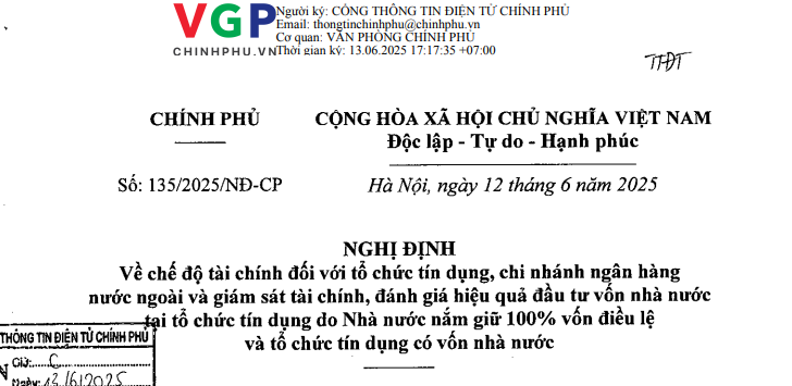 Đã có Nghị định 135/2025/NĐ-CP về chế độ tài chính của tổ chức tín dụng
