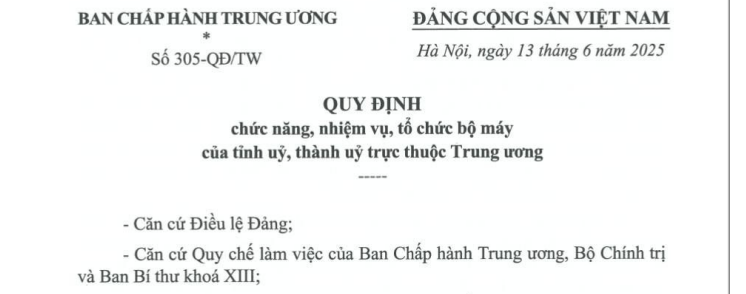 Đã có Quy định 305-QĐ/TW về tổ chức bộ máy của tỉnh ủy thành ủy trực thuộc trung ương