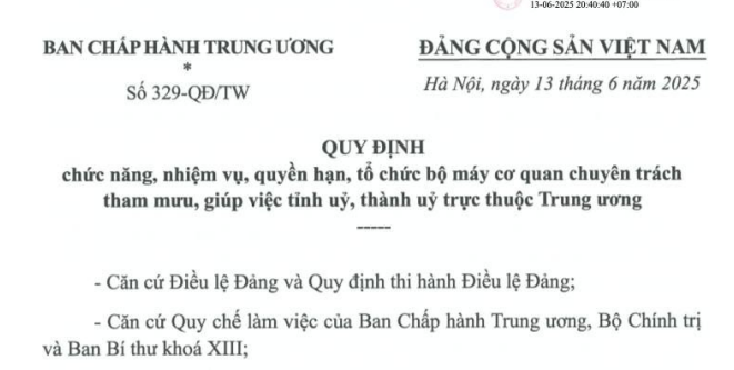 Đã có Quy định 329-QĐ/TW về cơ quan chuyên trách thuộc tỉnh uỷ, thành uỷ trực thuộc Trung ương