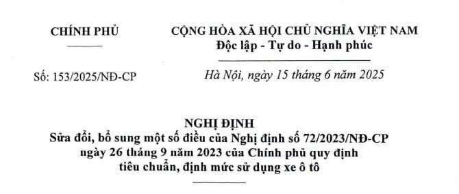 Đã có Nghị định 153/2025/NĐ-CP sửa đổi tiêu chuẩn xe ô tô tại Nghị định 72/2023