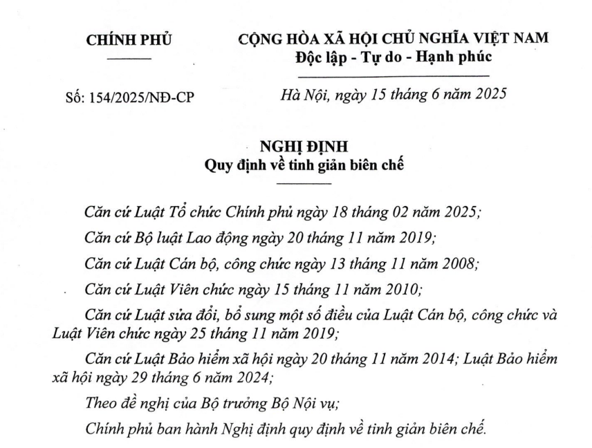 Đã có Nghị định 154/2025/NĐ-CP về tinh giản biên chế (thay thế Nghị định 29/2023)