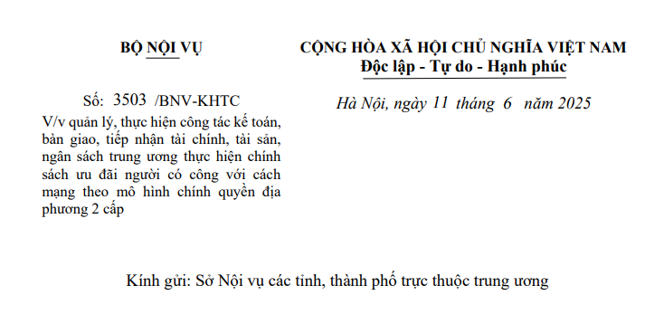 Công văn 3503: Hướng dẫn công tác kế toán đối với chính sách người có công theo chính quyền 2 cấp