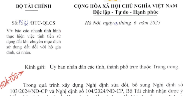 Công văn 8532: Chỉ đạo hỏa tốc về tính tiền sử dụng đất khi chuyển mục đích sử dụng đất đối với hộ gia đình