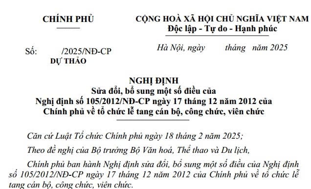 Đã có dự thảo Nghị định sửa đổi Nghị định 105/2012 về tổ chức lễ tang cán bộ, công chức, viên chức 
