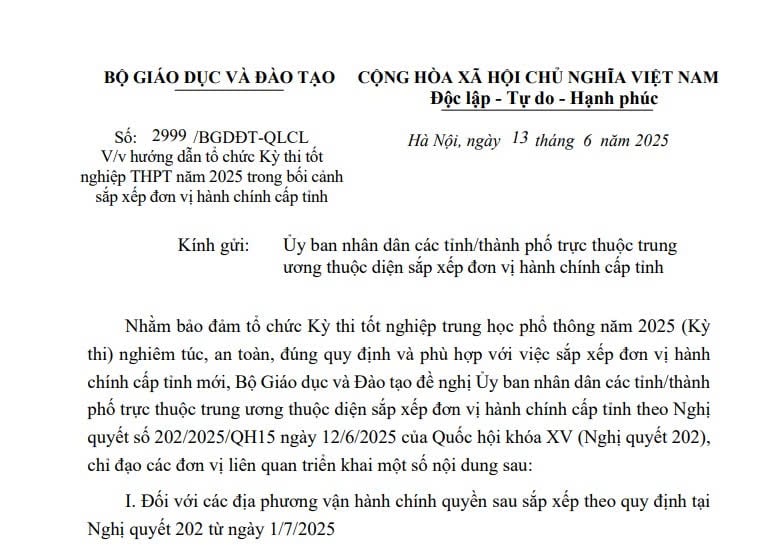 Công văn 2999/BGDĐT-QLCL: Hướng dẫn tổ chức Kỳ thi tốt nghiệp THPT năm 2025 khi sáp nhập tỉnh thành