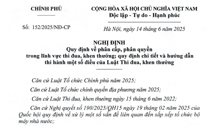 Đã có Nghị định 152/2025/NĐ-CP hướng dẫn Luật Thi đua khen thưởng 2022