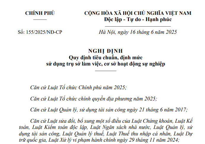Đã có Nghị định 155/2025/NĐ-CP về định mức sử dụng trụ sở làm việc, cơ sở hoạt động sự nghiệp