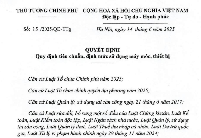 Đã có Quyết định 15/2025/QĐ-TTg về tiêu chuẩn định mức sử dụng máy móc thiết bị