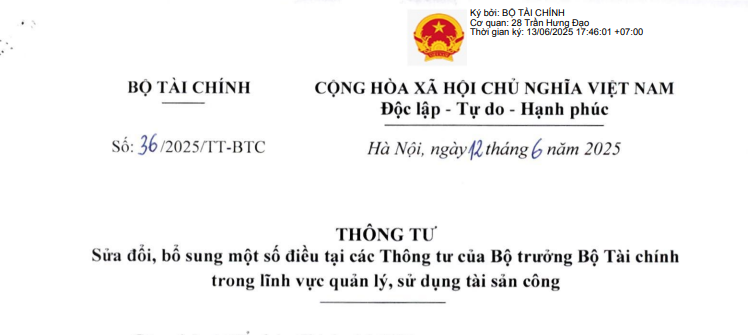 Đã có Thông tư 36/2025/TT-BTC sửa đổi các quy định về quản lý sử dụng tài sản công