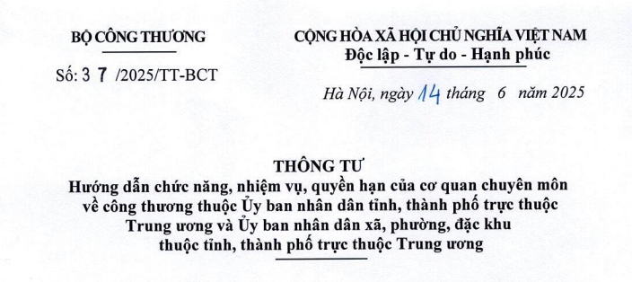 Đã có Thông tư 37/2025/TT-BCT chức năng nhiệm vụ Sở Công thương thuộc Ủy ban nhân dân cấp tỉnh