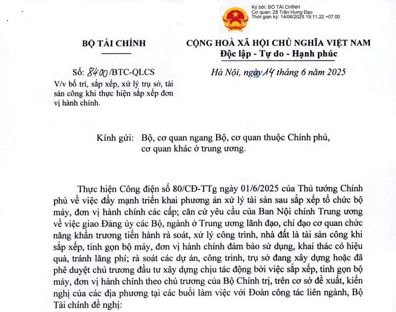 Công văn 8400/BTC-QLCS: Hướng dẫn sắp xếp và xử lý trụ sở, tài sản công khi sắp xếp đơn vị hành chính