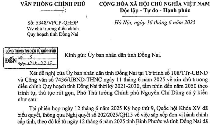 Công văn 5348 về chủ trương điều chỉnh Quy hoạch tỉnh Đồng Nai sau sáp nhập