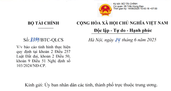 Công văn 8397: Yêu cầu báo cáo khoản 2 Điều 257 Luật Đất đai 2024 về tiền sử dụng đất, tiền thuê đất