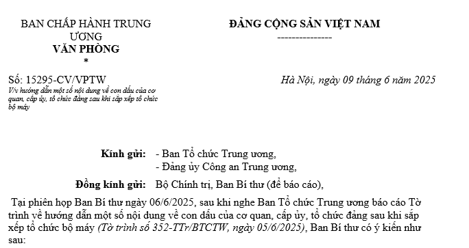 Công văn 15295-CV/VPTW hướng dẫn về con dấu của cơ quan cấp ủy, tổ chức đảng sau khi sắp xếp