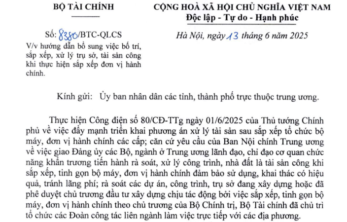 Công văn 8380/BTC-QLCS hướng dẫn bố trí xử lý trụ sở, tài sản công khi sáp nhập tỉnh xã