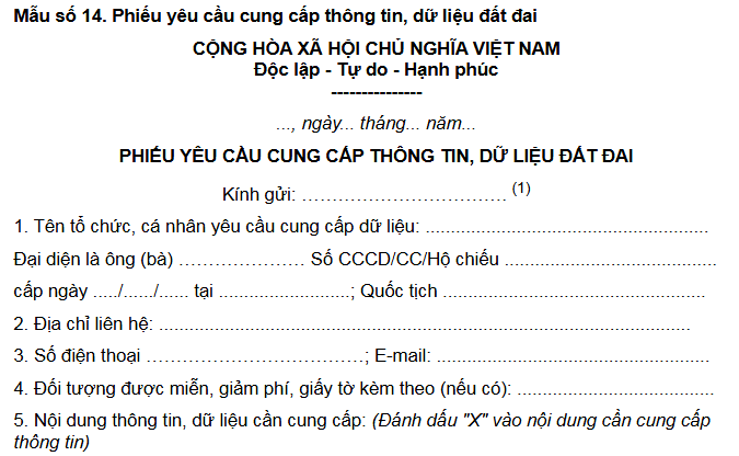 Mẫu phiếu yêu cầu cung cấp thông tin, dữ liệu đất đai áp dụng từ 1/7/2025