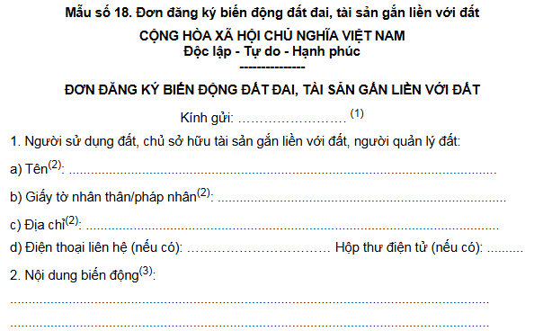 Mẫu đơn đăng ký biến động đất đai, tài sản gắn liền với đất áp dụng từ 1/7/2025