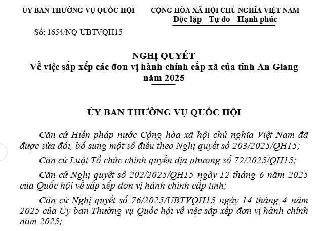 Nghị quyết sắp xếp đơn vị hành chính cấp xã mới tỉnh An Giang