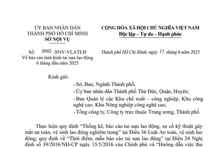 Công văn 5092: Hướng dẫn báo cáo tình hình tai nạn lao động 6 tháng đầu năm 2025 tại TPHCM