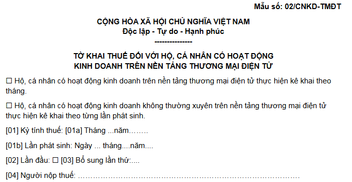 Mẫu tờ khai thuế với hộ kinh doanh trên sàn tảng thương mại điện tử (Mẫu số 02/CNKD-TMĐT)