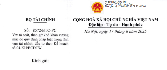 Công văn 8572: Yêu cầu rà soát quy định pháp luật về tài chính đầu tư để tháo gỡ khó khăn