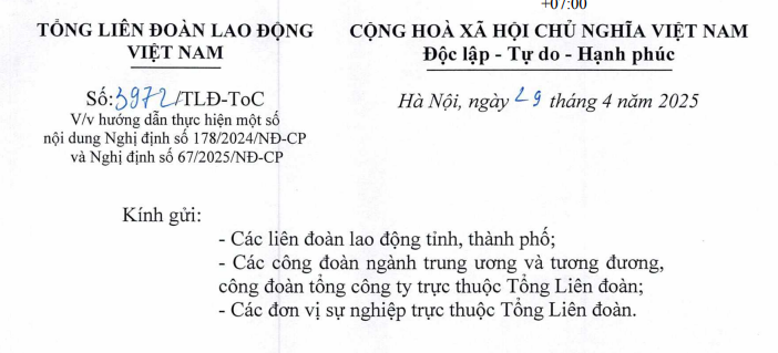 Đã có toàn văn Công văn 3972/TLĐ-TOC hướng dẫn thực hiện Nghị định 178/2024 và Nghị định 67/2025