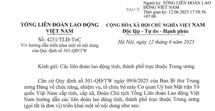Đã có Công văn 4251/TLĐ-TOC hướng dẫn Quy định 301-QĐ/TW về Cơ quan Ủy ban Mặt trận Tổ quốc Việt Nam