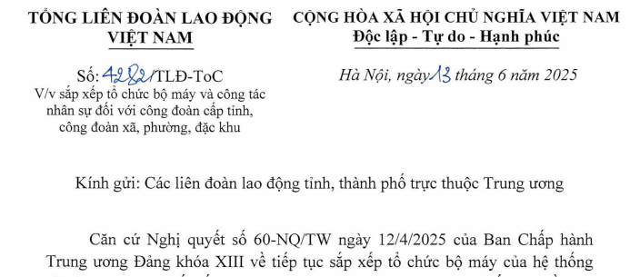 Toàn văn Công văn 4282/TLĐ-TOC sắp xếp tổ chức bộ máy và công tác nhân sự đối với công đoàn các cấp