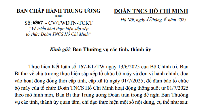 Đã có Công văn 6367-CV/TWĐTN-TCKT triển khai sắp xếp tổ chức Đoàn TNCS Hồ Chí Minh