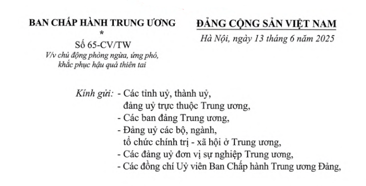 Đã có Công văn 65-CV/TW về chủ động phòng ngừa, ứng phó, khắc phục hậu quả thiên tai