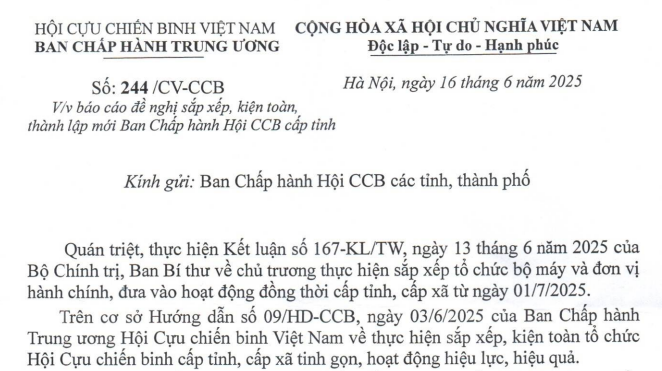 Đã có Công văn 244/CV-CCB báo cáo thành lập mới Ban Chấp hành Hội Cựu Chiến Binh cấp tỉnh