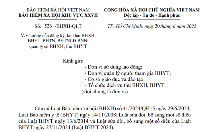 Đã có Công văn 526 hướng dẫn đăng ký kê khai BHXH, BHYT, BHTN của BHXH Khu vực XXVII