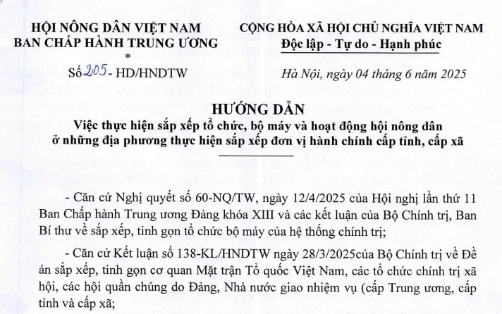 Đã có Hướng dẫn 205-HD/HNDTW về sắp xếp bộ máy hội nông dân khi sáp nhập tỉnh xã