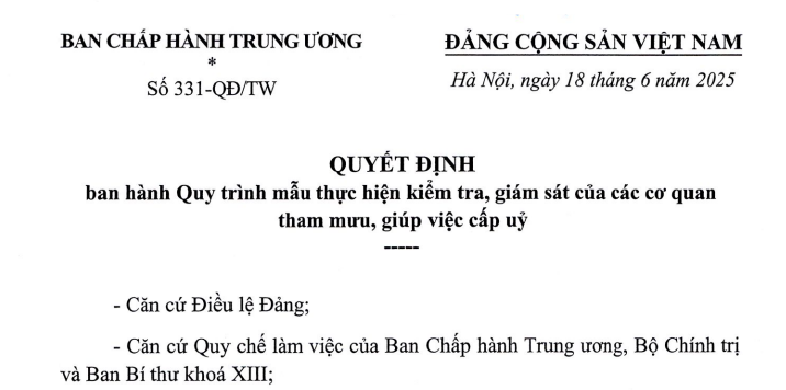 Đã có Quyết định 331-QĐ/TW Quy trình mẫu thực hiện kiểm tra, giám sát của các cơ quan tham mưu, giúp việc cấp ủy