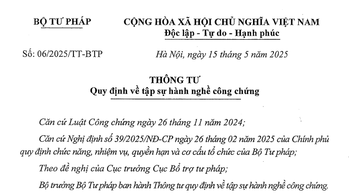 Đã có Thông tư 06/2025/TT-BTP về tập sự hành nghề công chứng 