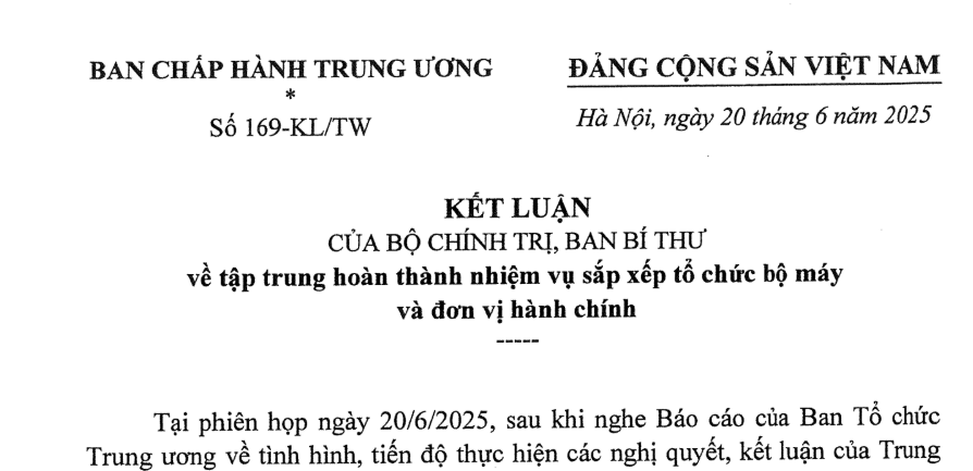Đã có Kết luận 169-KL/TW tập trung hoàn thành sắp xếp tổ chức bộ máy và đơn vị hành chính