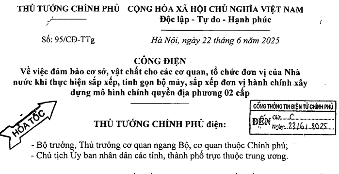 Đã có Công điện 95/CĐ-TTg về cơ sở vật chất khi tinh gọn bộ máy, sắp xếp đơn vị hành chính